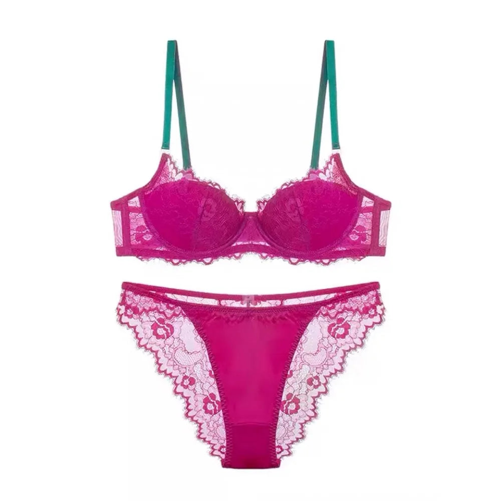 Sexy Spitzen-BH- und Höschen-Set, Minimizer, Anti-Sagging, vollflächig bedeckend, verstellbarer Bügel, große Bruststütze, dünne Seitenstütze, kein Überlaufen