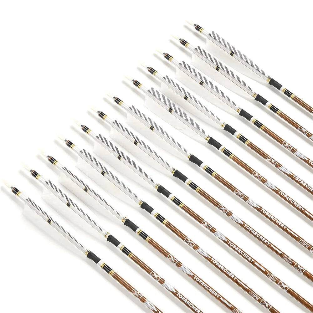 6/12/24pcs 32Inch Archery 100%Pure Carbon Arrows ID 6.2mm Wooden Shaft with 5'' Natural Feathers for Hunting Shooting