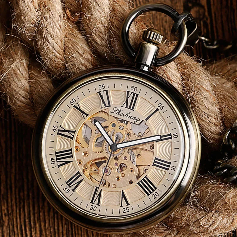 Retro Bronze Men Women Automatic Mechanical Pocket Watch Luminous Hands Roman Numeral Pendant Chain Relogio de bolso Gift Hauptbild