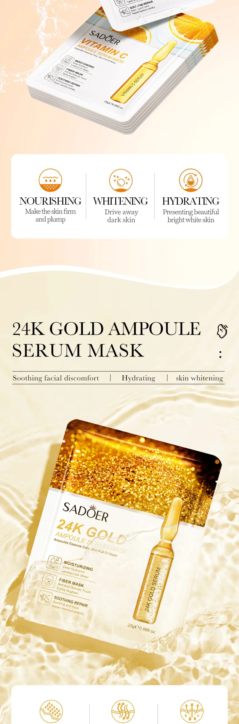 10 St. SADOER 24K Gold Vitamin C Hyaluronsäure Gesichtsmaske Feuchtigkeitsspendend Straffend Hydrierend Gesichtsmasken Hautpflegeprodukte