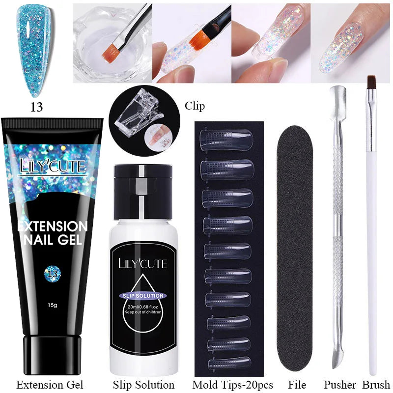 LILYCUTE 15ml Verlängerungsgel-Nagellack-Set Quick Nail Prolong mit Verlängerungsform-Nagelspitzen Acryl-Lösung Maniküre-Werkzeug-Kit