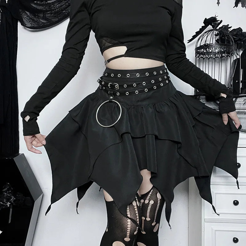 Sommer-Fashion Kurze Röcke Neue sexy Damen Gothic Punk Irreguläre Röcke Einfarbig Tunnelzug zum Binden Geraffte Rüschen Minirock Zweitbild