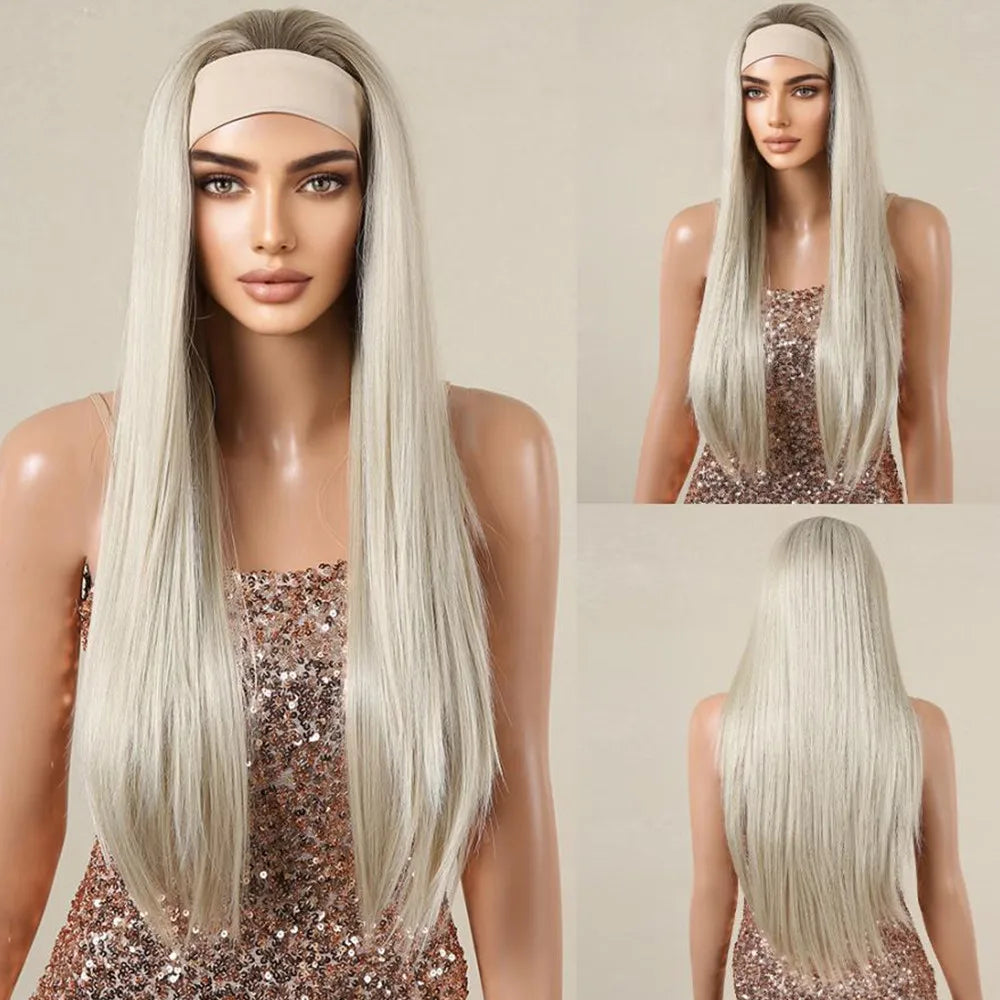 ALAN EATON Lange blonde synthetische Stirnbandperücke Ombre Blond glattes Haar Perücken natürlich aussehend Hitzebeständige Faser für den täglichen Gebrauch