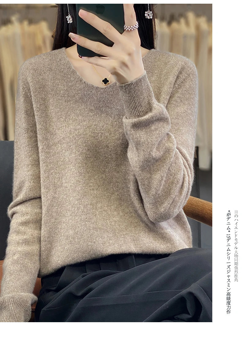 Damen 100% Merinowolle Pullover V-Ausschnitt Basic Pulli Herbst Winter Kaschmir Kleidung Langarm Weiche Strickware Oberteile Unifarben