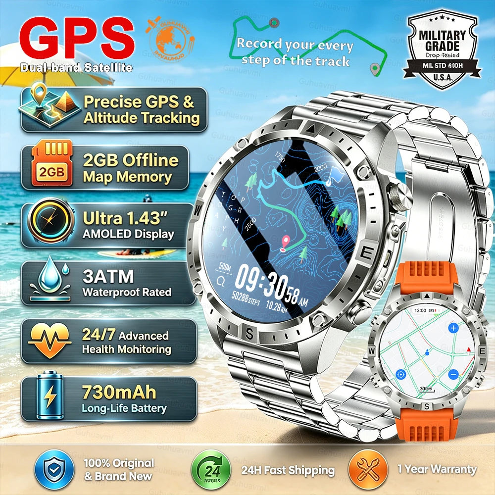 Smartwatch für Herren GPS Offline-Karten 2G ROM 10ATM Wasserdicht Herzfrequenz Tauchen Skifahren Wandern Robuste Smartwatch für Damen und Herren