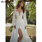 Lakshmigown Chiffon Strandhochzeitskleid 2026 Perlen Spitze Lange Ärmel V-Ausschnitt Applikationen Brautkleid Brautkleider Maßgeschneidert