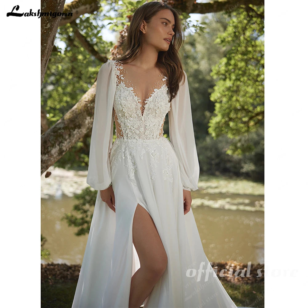 Lakshmigown Chiffon Strandhochzeitskleid 2026 Perlen Spitze Lange Ärmel V-Ausschnitt Applikationen Brautkleid Brautkleider Maßgeschneidert
