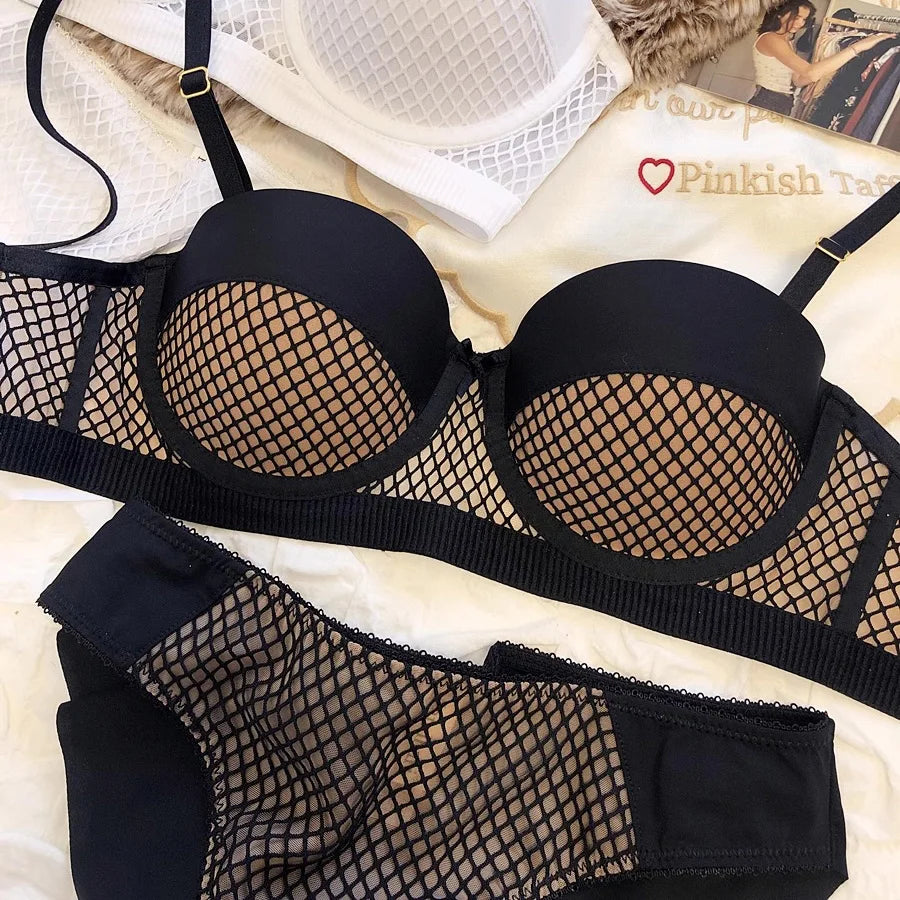 Mesh-Spitzenunterwäsche Damen Sexy kleiner Busen Push-Up-Dessous für Frauen BH-Sets Rot Weiß Hochzeitsmädchen Dicke Intimates BCD