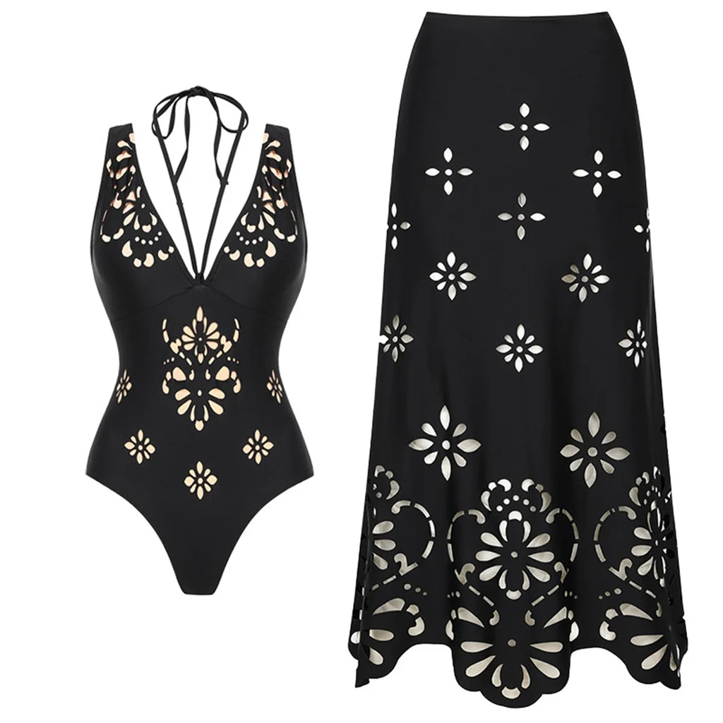 2tlg. bedruckter Badeanzug Damen Sexy Bademode Neuer Bikini mit langem Rock Damen Biquini Push Up Badeanzug Body Strandkleidung Strandtuch