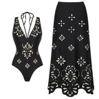 2tlg. bedruckter Badeanzug Damen Sexy Bademode Neuer Bikini mit langem Rock Damen Biquini Push Up Badeanzug Body Strandkleidung Strandtuch