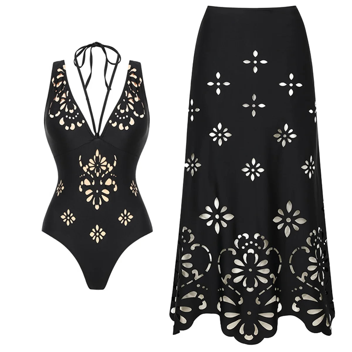 2tlg. bedruckter Badeanzug Damen Sexy Bademode Neuer Bikini mit langem Rock Damen Biquini Push Up Badeanzug Body Strandkleidung Strandtuch
