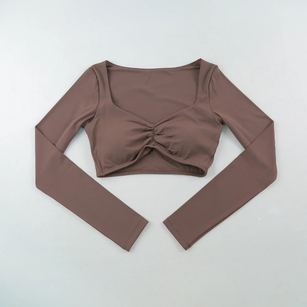 Schnell trocknende, atmungsaktive, kurze Yoga-Kleidung für Damen, sexy, „Nude Feeling“ Fitness-Oberteile, schmal geschnittene Trainings-Laufkleidung