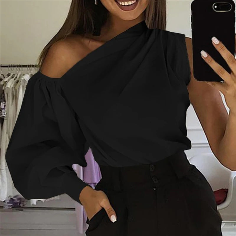 Sexy schulterfreie Damenhemden Sommer Laternenärmel Bluse Casual Loose Solid Tops Lady Elegante Blusen Femme Streetwear Hemd