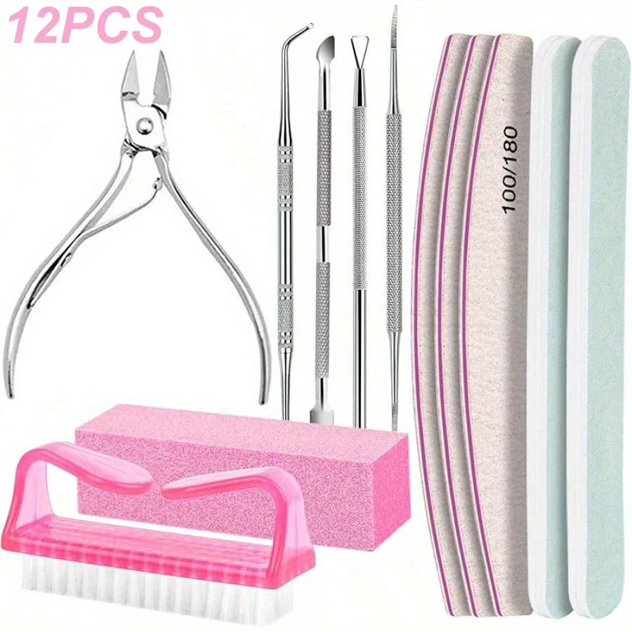 12 Stück/Charge Nagelkunst 100/180 Körnung Professionelle Feilen Puffer Schwamm Block Bürste Nagelschere Set mit Nagelhautzange Schiebern