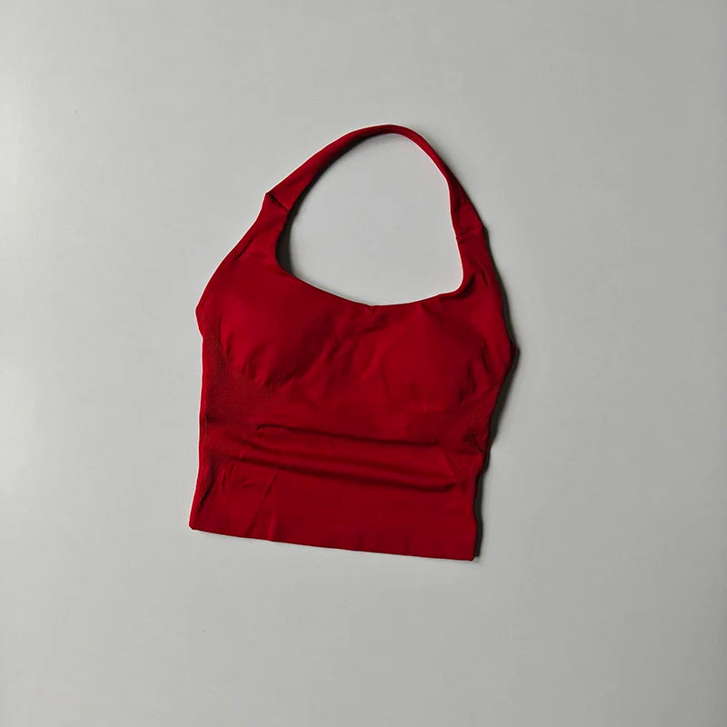 Nahtlose Neckholder-Yoga-Tanktops für Damen mit integriertem BH, gepolstertem Gymnastik-Top, ärmellosem Shirt, tailliert, rückenfrei, Sportbekleidung
