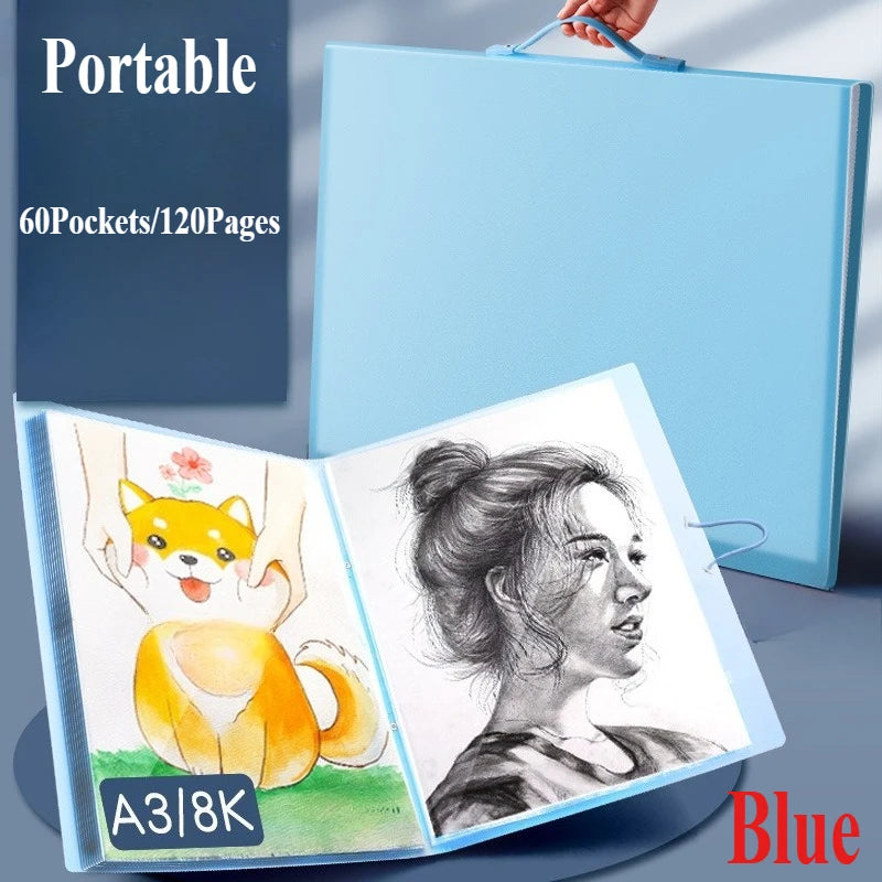 A3 Kunstportfolio 60 Fächer, 120-seitiges Präsentationsbuch mit Griff, Design Blauer Nachthimmel für Künstler, Dokumentenorganizer Büro