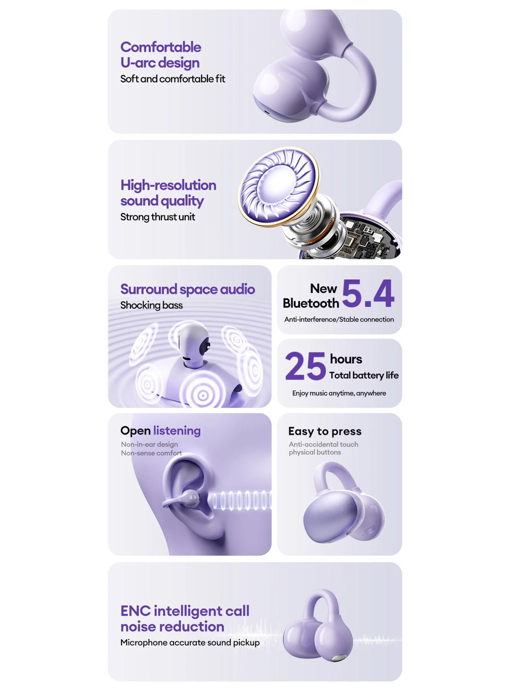 Lenovo LK6 Over-Ear Kabellose Bluetooth 5.4 Kopfhörer Klangqualität Rauschunterdrückung Ohrclip-Kopfhörer Lange Ausdauer Headsets