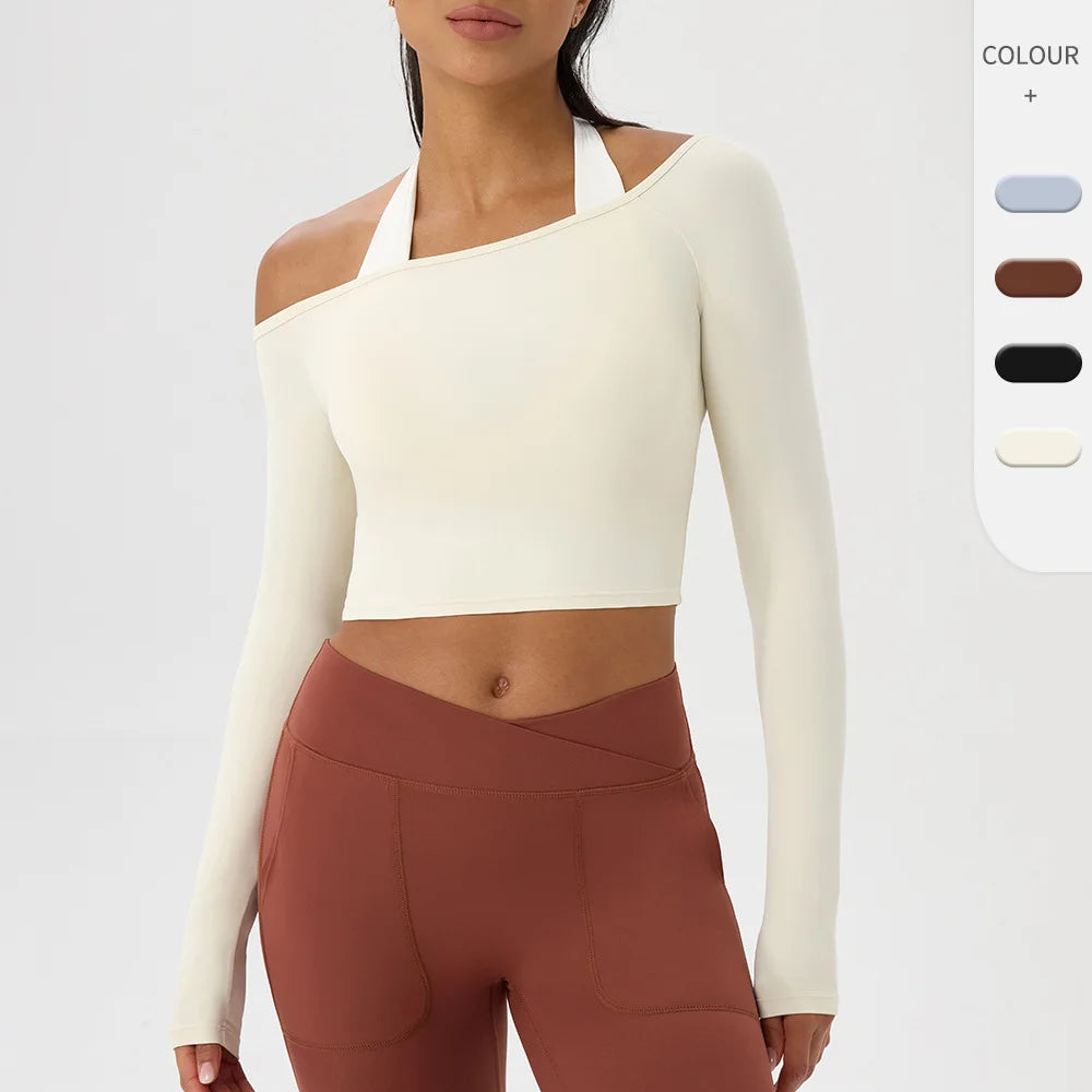 Yoga Langarm T-Shirt Damen Ein-Schulter Sexy Eng Anliegende Fitness-Oberteile Nude-Feel Schnelltrocknendes Sport Langarm Yoga Shirts