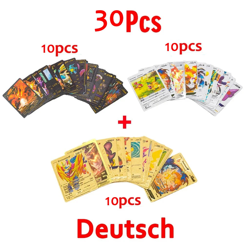 30-165 Stück Gold Pokemon Bunte Kartenset Schwarz Vmax Vstar Silber GX Box Pikachu Carta Glurak Deutsch Französisch Spanisch Spielkarten