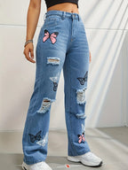 Schmetterlingsdruck Jeanshosen Damen Löcher Jeans Straight Fit Hose Hohe Taille Loose Fit Vintage 2026 Casual Distressed Denims