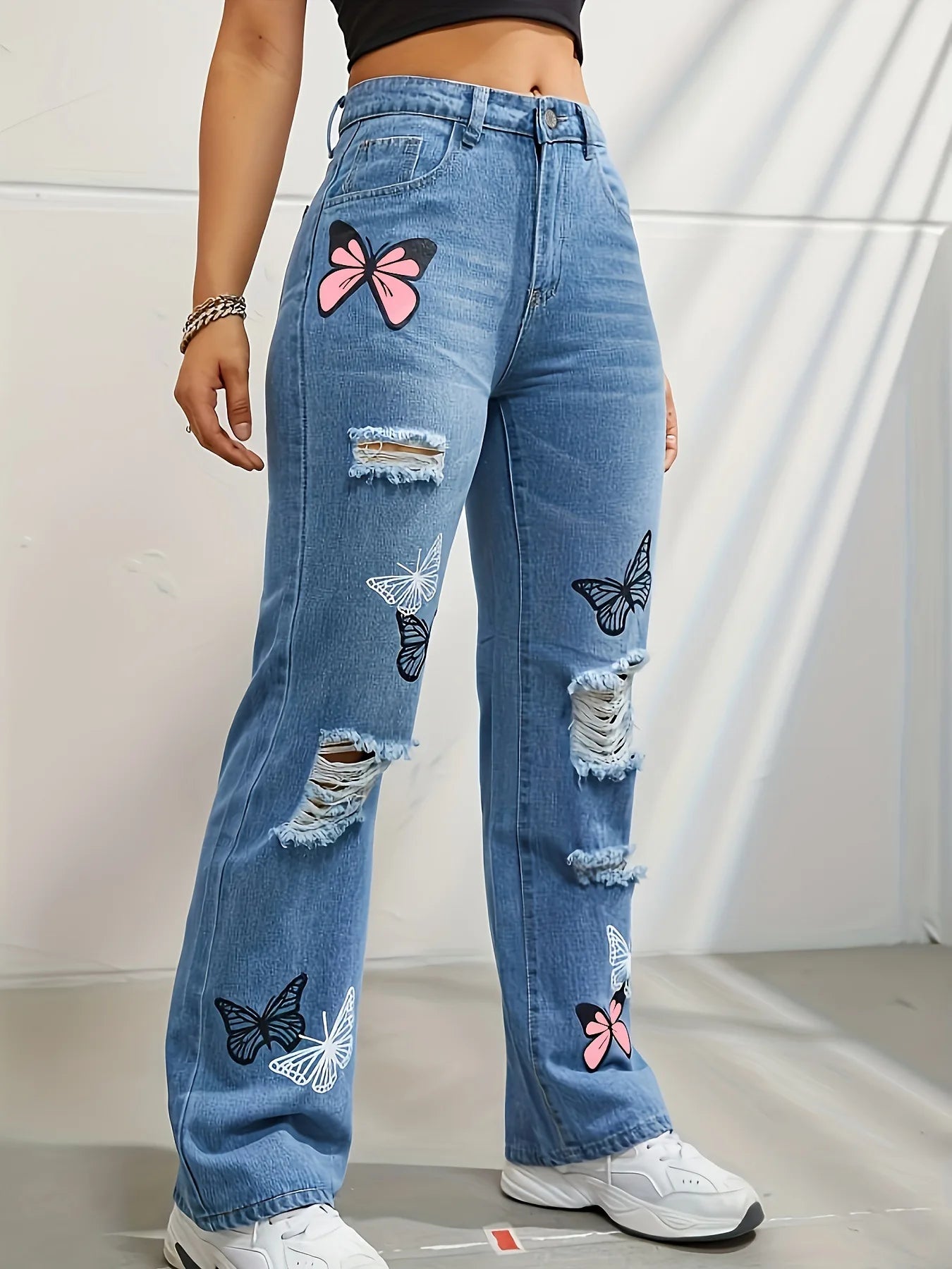 Schmetterlingsdruck Jeanshosen Damen Löcher Jeans Straight Fit Hose Hohe Taille Loose Fit Vintage 2026 Casual Distressed Denims