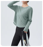 DRUR Damen Langarm Yoga T-Shirts, lockere Passform Sport Fitness Crop Tops lässig leichtes dünnes Shirt für Fitnessstudio Straße Reisen