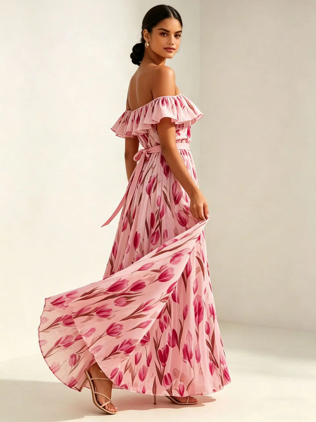 2026 Sommer schulterfreies Kleid mit Tulpenprint in großen Größen, schlankmachend, mit eckigem Ausschnitt und Maxilänge