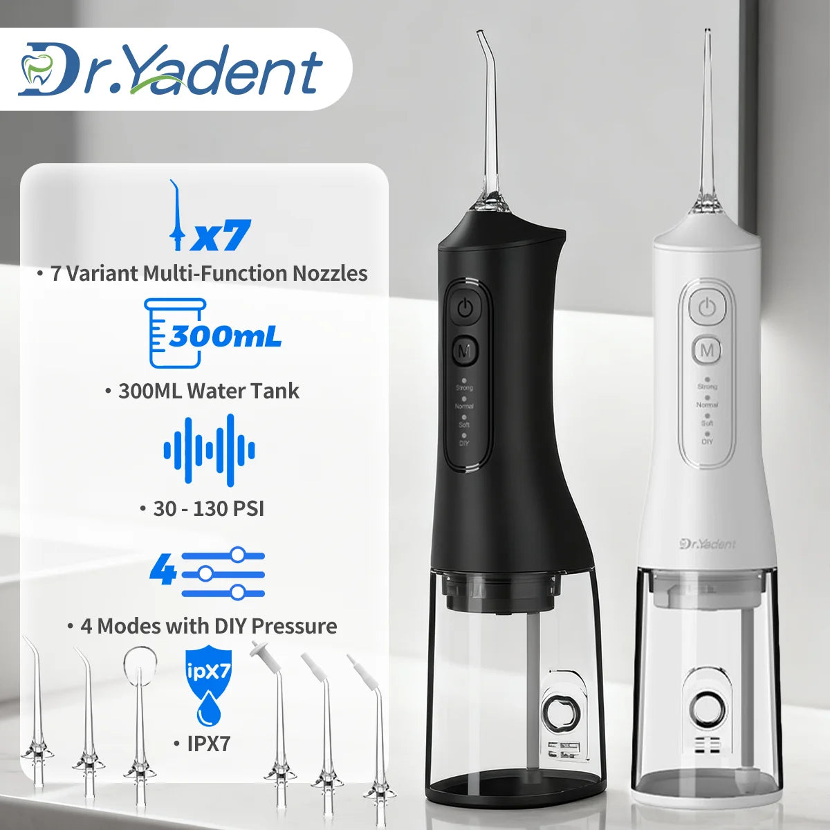 Dr.Yadent YD06 Kabelloser Munddusche Wasserflosser 300ML Tragbarer Wasserstrahl USB-C Schnellladung 7 Düsen 4 Modi IPX7 Wasserdicht