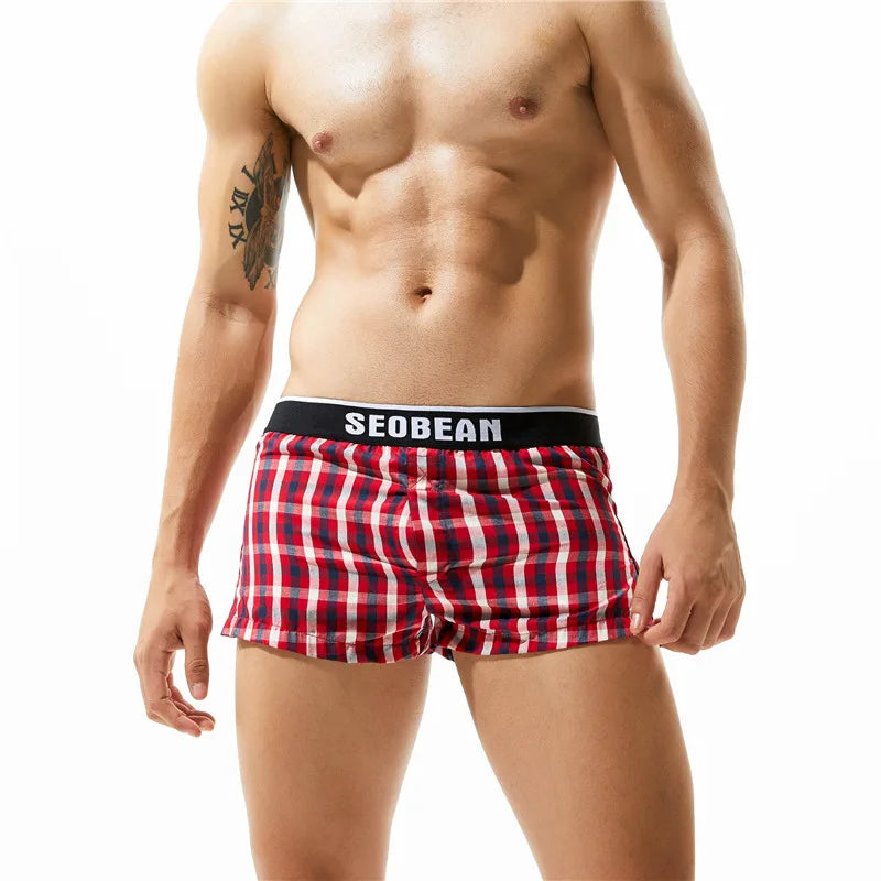 SEOBEAN Klassische Herren Boxershorts kariert 100% Baumwolle Unterwäsche Boxershorts U-konvexer Beutel Pfeil Panties Shorts Herren Schlafunterteile