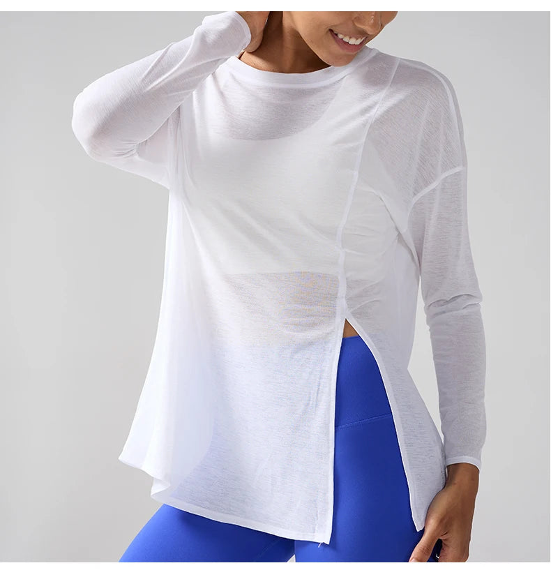 Mode Damen Atmungsaktive Lockere Schnelltrocknende Langarm Yoga Shirts Schlankmachende Seitenschlitze Freizeit Laufen Fitness Radfahren Oberteile