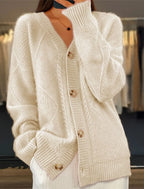 Herbst und Winter neuer einfarbiger, langärmeliger V-Ausschnitt Strickcardigan mit Jacquard-Knopfleiste Damenpullover
