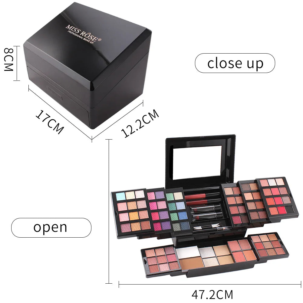 MISS ROSE 104 Farben Lidschatten Puderquaste Lipgloss Lippenstift Spiegel Make-up Haltbares Einfaches Make-up Multifunktions-Make-up-Set