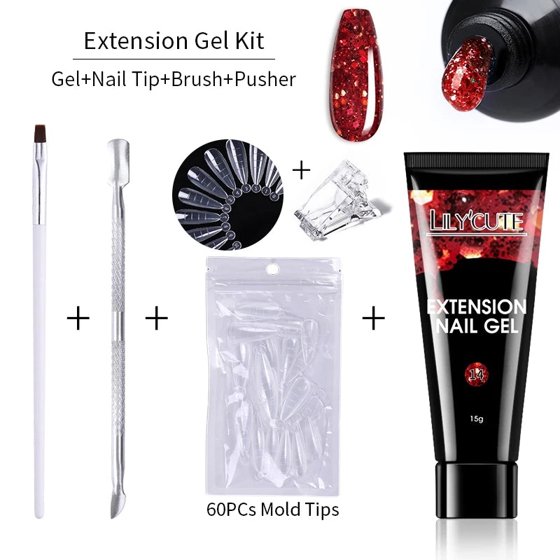 LILYCUTE 15ml Verlängerungsgel-Nagellack-Set Quick Nail Prolong mit Verlängerungsform-Nagelspitzen Acryl-Lösung Maniküre-Werkzeug-Kit