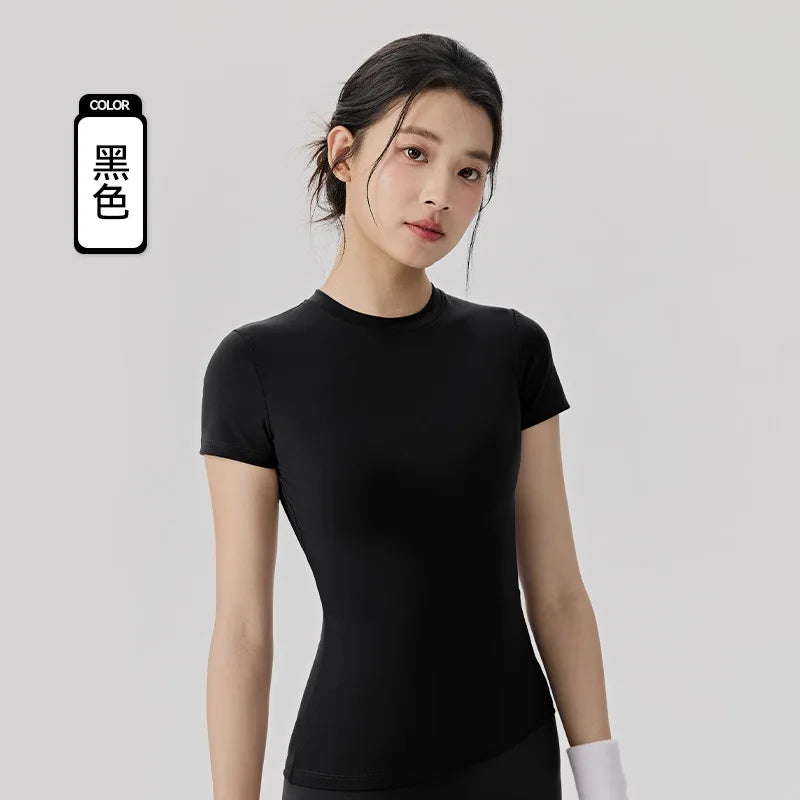 Frühlings- und Sommer-Yoga-Kleidung, kurzärmlig, nackt, eng anliegend, Fitness-Kleidung für Damen, Outdoor-Laufen, Training, Sport-T-Shirt