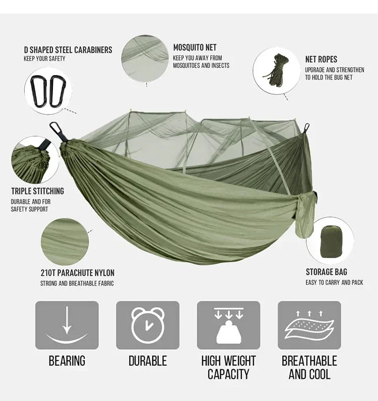 260x140cm Camping Hängematte Doppelgröße Fallschirm mit Moskitonetz Regenschutz Tarp Leicht für Wandern Reisen