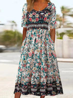 2025 Sommer Damen-Bohemia-Kleid locker, modischer Druck, Rundhalsausschnitt, kurze Ärmel, langes Kleid