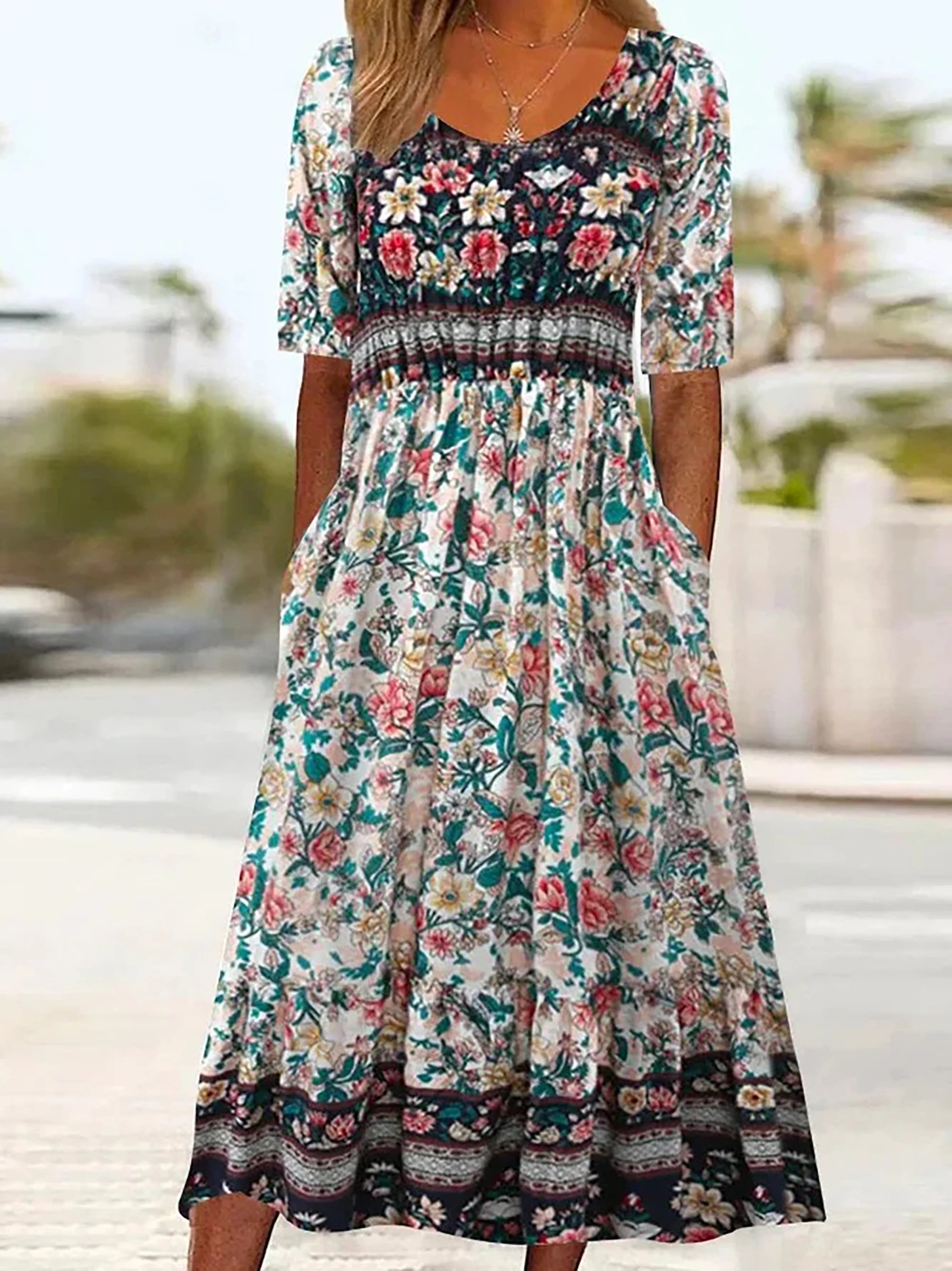 2025 Sommer Damen-Bohemia-Kleid locker, modischer Druck, Rundhalsausschnitt, kurze Ärmel, langes Kleid
