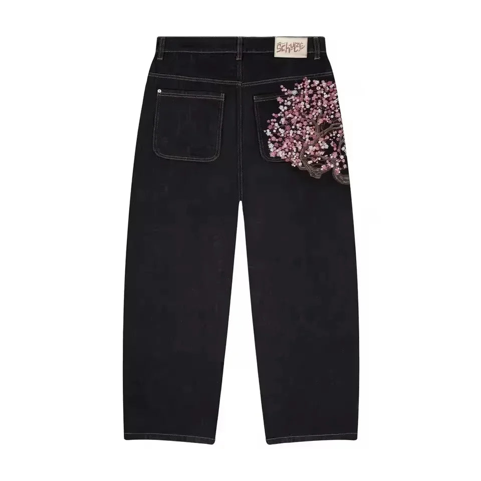 Vintage Low Waist Hip Hop Kirschblüten bestickte Jeans Weite Hose Y2K Kleidung Herren Damen Bestickte Baggy Jeans
