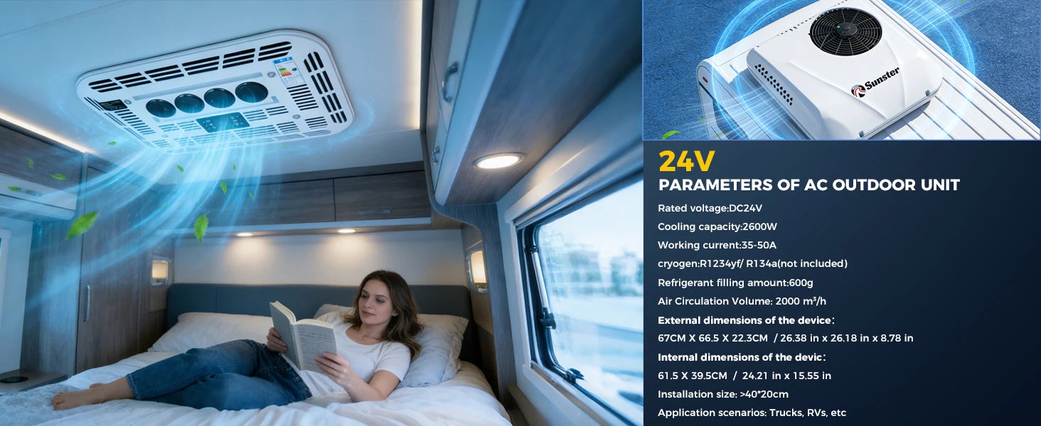 Sunster 12V/24V Schnelle Kühlung Dachklimaanlage Elektrisches Kühl-Wohnmobil-Dachparken für LKW-Wohnmobil-Kastenwagen-Wohnwagen-Reisemobil