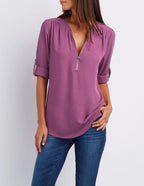 2024 Qualität Heißer Verkauf Plus Size Tiefer V-Ausschnitt Damenbluse Chiffon Coole lockere Hemd Mode Freizeit Damen Tops Sexy Reißverschluss Pullover
