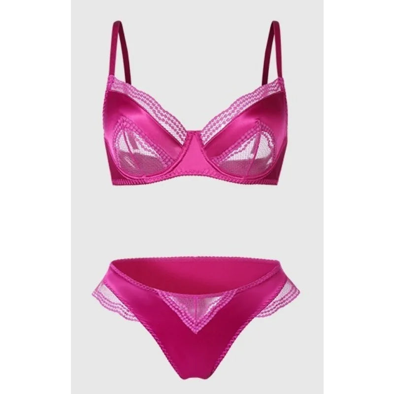 Sexy französisches Satin-Spitzen-Dessous-Set für Damen mit großer Oberweite, transparenter, schmaler Brustbereich, ultra-dünnes Sommer-BH-Set mit kleinen Cups, S-XL
