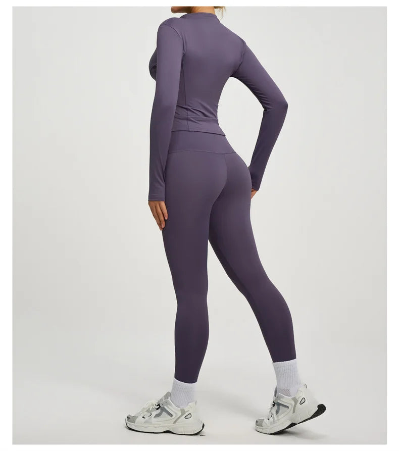 SVEIC Damen Zweiteiliger Trainingsanzug Yoga Set Langarmjacke High Waisted Leggings Atmungsaktive Sportkleidung Für Frauen