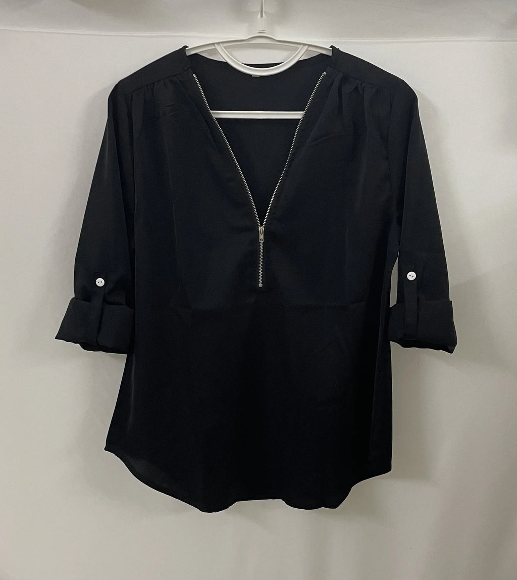 2024 Qualität Heißer Verkauf Plus Size Tiefer V-Ausschnitt Damenbluse Chiffon Coole lockere Hemd Mode Freizeit Damen Tops Sexy Reißverschluss Pullover