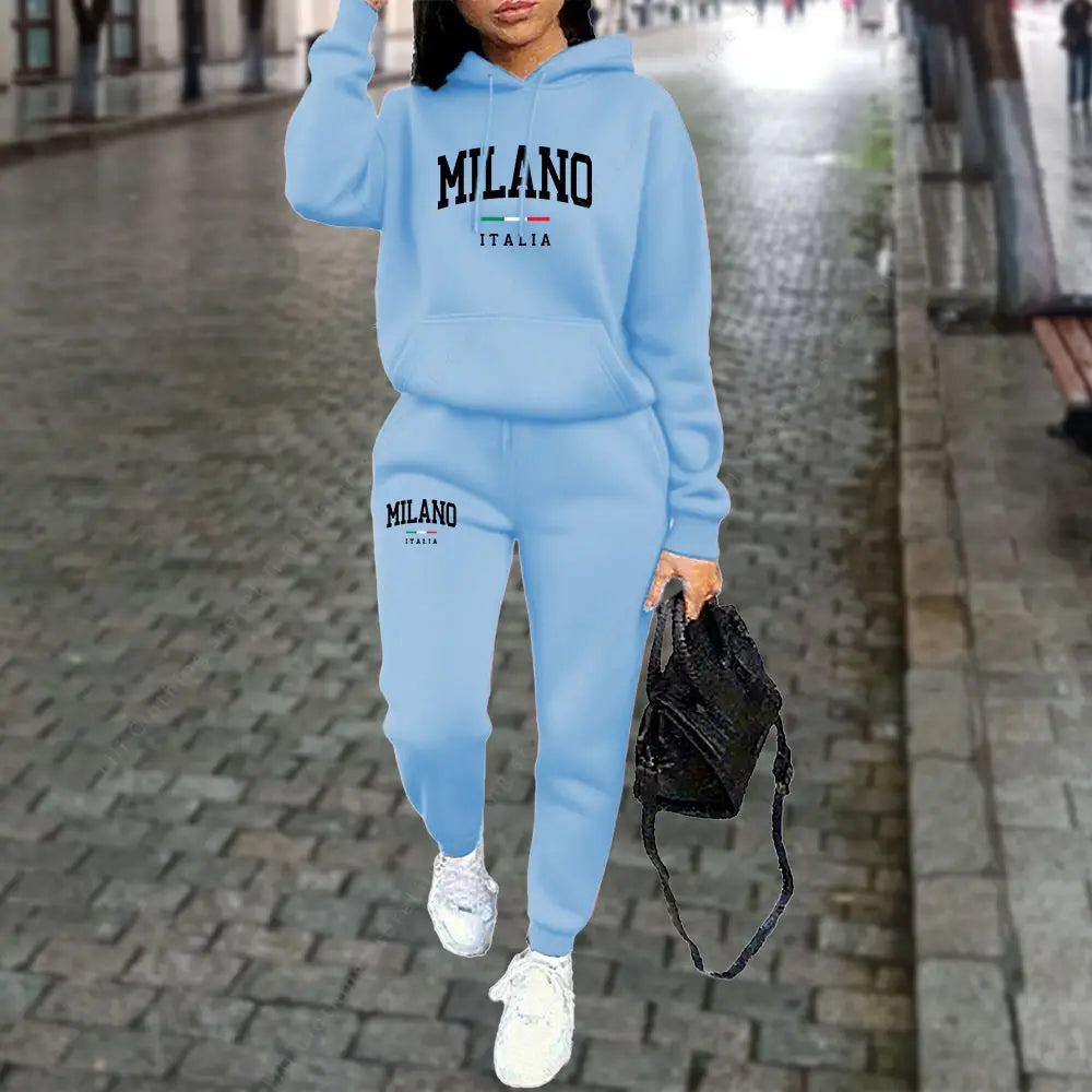 Herbst Winter Damen Sets 2-teilige Hoodies Hosen Anzug Sport Outfits 2025 MILANO Buchstaben-Print Ästhetische Kleidung Damen Trainingsanzug