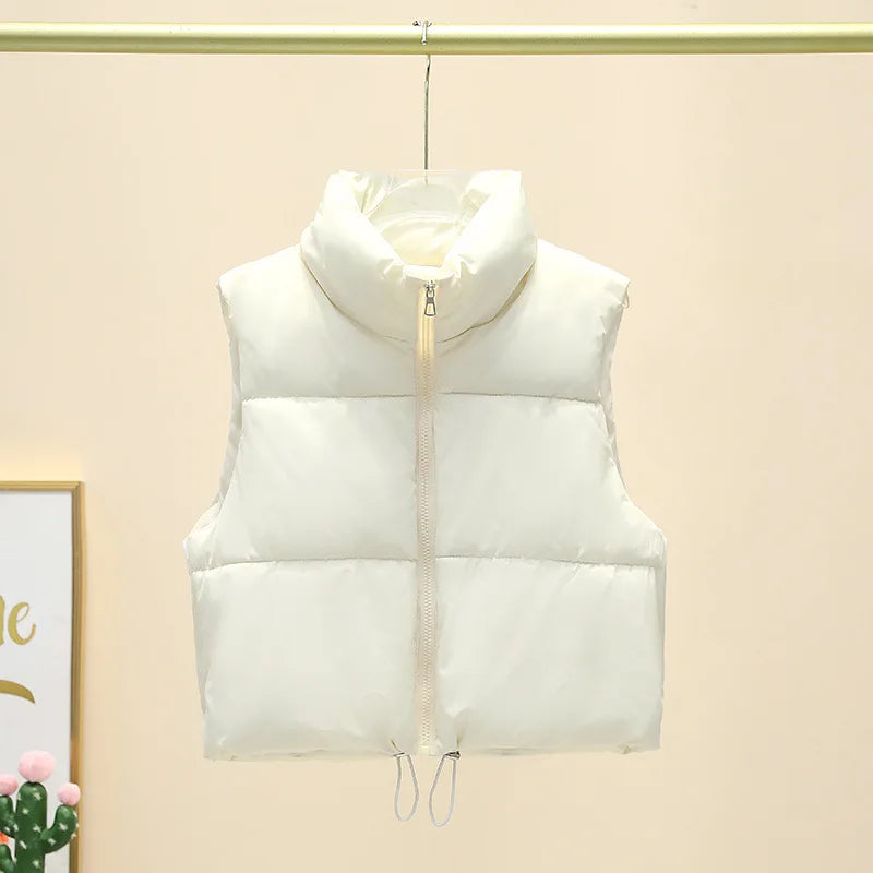 Winter Kurze Daunen Weste Damen Warmer Stehkragen Reißverschluss Jacke Freizeit Mode Gesteppte Cropped Mäntel Street Outerwear