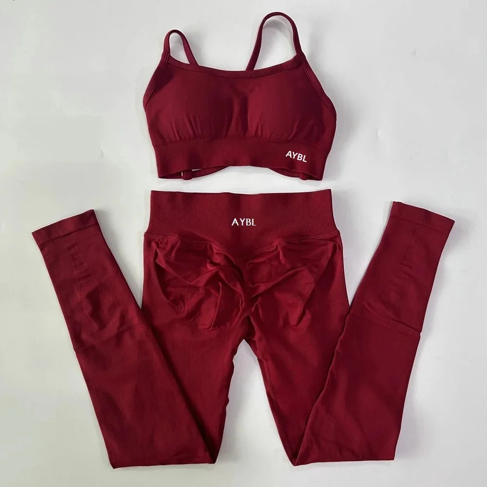AYBL Yoga Set Nahtloses Yoga-Set 2-teilig Damen Workout Set Scrunch Leggings Rückenfreier Sport-BH Fitness-Top Gym-Hose Kleidung