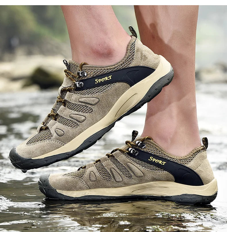 Spring Summer Leather Mesh Outdoor Trekking Shoes Hiking Shoes  Walking Tourism Camping Upstream Sneakers Anti-Slip Breathable