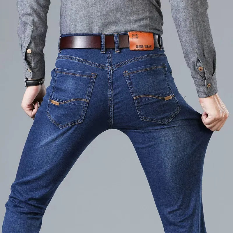 2025 Neue Herren Stretch Jeans Herren Klassische Elastische Business Jeans Herren Mode Bequeme Einfarbige Schmale Straight Lange Denim Hose