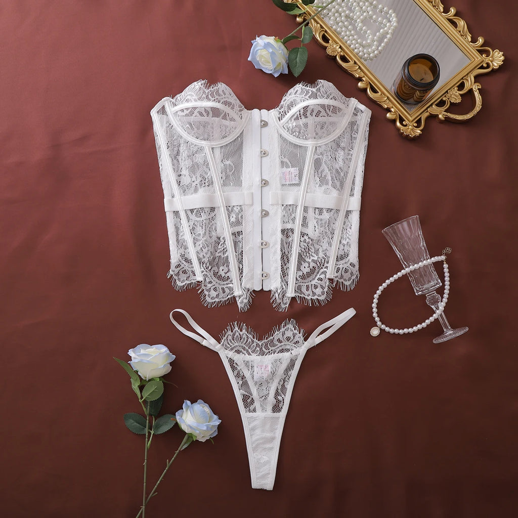 Ellolace Palace Damen Dessous Sets Weidenkorsett String 2-teiliges Set Sexy Heiß Trägerlos Spitze Ausgefallener tiefer V-Ausschnitt Damen Unterwäsche