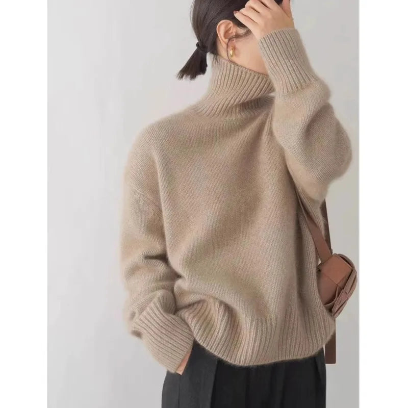 2024 Herbst und Winter Neuer dicker Kaschmirpullover Damen Rollkragenpullover Warm Locker Gestrickter Basispullover Jacke Oberteile